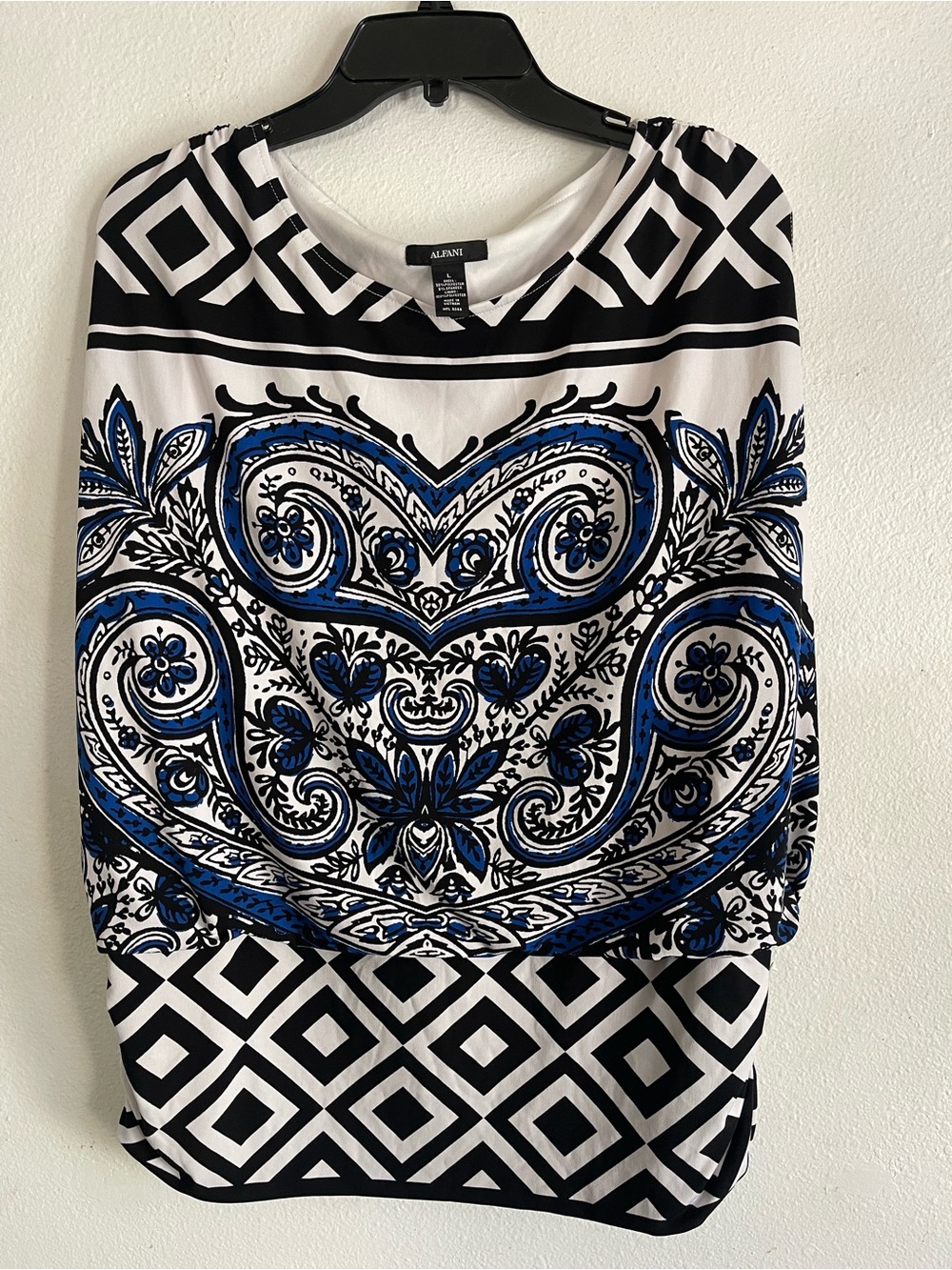 Alfani Black White Printed Top with Blue Accents